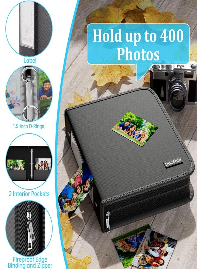 DocSafe ألبوم صور DocSafe مقاس 4x6 بوصة، 400 جيب، كتاب صور مقاوم للحريق مع 100 غلاف بلاستيكي، مجلد كبير السعة لحماية صور العائلة، وحفلات الزفاف، والذكرى السنوية، والأطفال، والإجازات، إغلاق بسحاب، حلقات دائرية مقاس 2 بوصة، أسود - Image 5